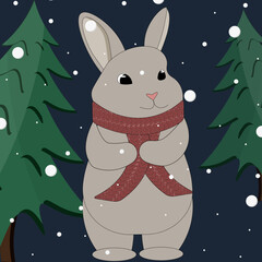 New year card with rabbit in scarf in night forest, with christmas tree, falling snow and editable stroke. Greeting card with symbol 2023 new year by chinese luna calendar. Cartoon bunny.