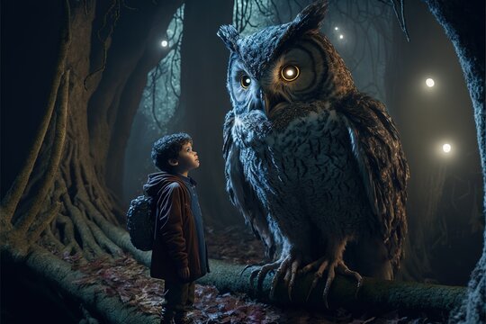 "Owl Monster and a Kid: A Surreal Illustration of a Monster Owl and a Child in a Forest"