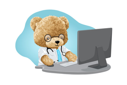 Vector illustration of hand drawn teddy bear cartoon in doctor uniform operate computer