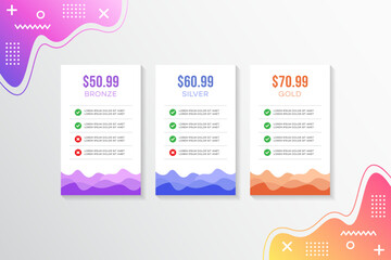 Pricing table design, Pricing plan or subscription web UI elements, Website marketing or promotion interface template, Product comparison table