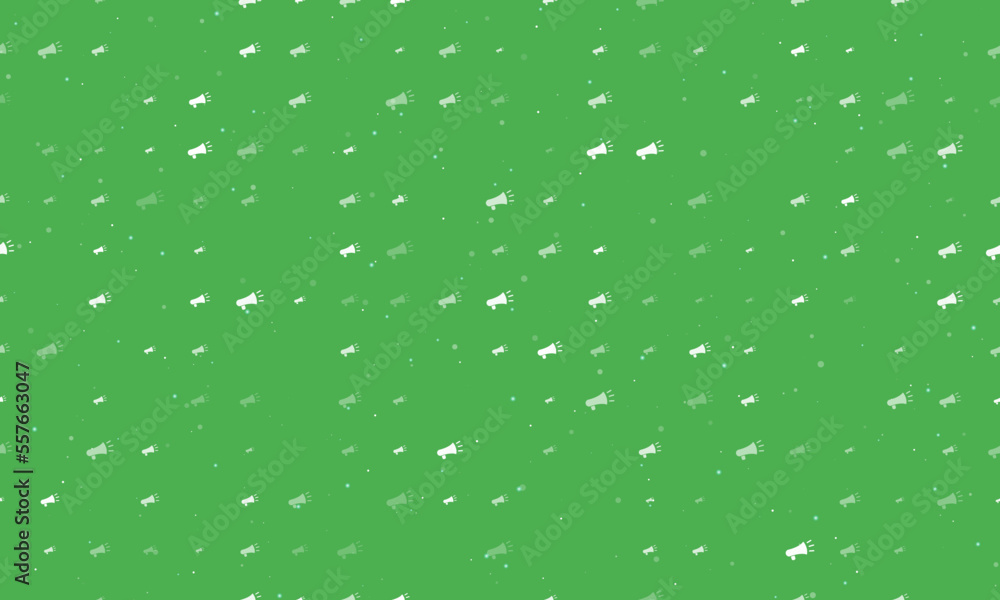 Poster seamless background pattern of evenly spaced white megaphone symbols of different sizes and opacity.