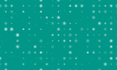 Seamless background pattern of evenly spaced white sushi roll symbols of different sizes and opacity. Vector illustration on teal background with stars