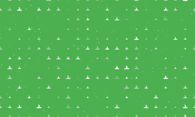 Seamless background pattern of evenly spaced white witch hat symbols of different sizes and opacity. Vector illustration on green background with stars