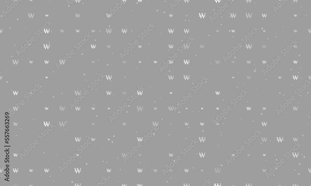 Poster seamless background pattern of evenly spaced white korean won signs of different sizes and opacity. 