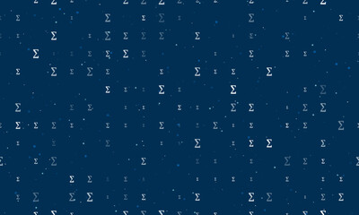 Seamless background pattern of evenly spaced white sigma symbols of different sizes and opacity. Vector illustration on dark blue background with stars