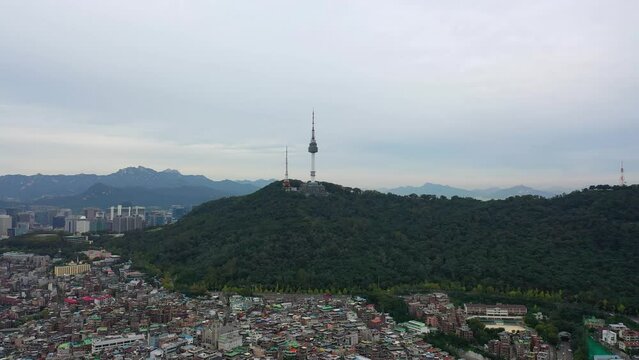 [korea drone footage] Seoul city landscape, Itaewon, Namsan Tower, Landmark