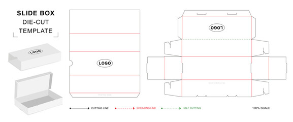 Slider box die cut template with two 3D blank vector mockup for food packaging