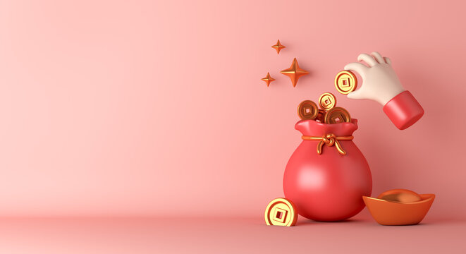 Chinese New Year Background 2023 With Cartoon Hand Holding Chinese Gold Coin, Lucky Bag, Ingot, Sycee, Mid Autumn, Gong Xi Fa Cai, Copy Space Text, 3d Rendering Illustration