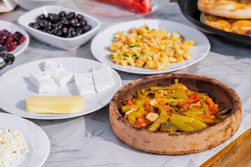 Hearty rich turkish breakfast on a table in restaurant