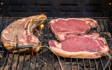grilled t-bone Steak ( beef stead) on a barbecue with meat thermometer. Selective focus