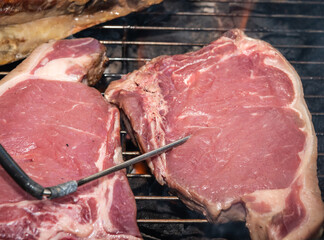 grilled t-bone Steak ( beef stead) on a barbecue with meat thermometer. Selective focus