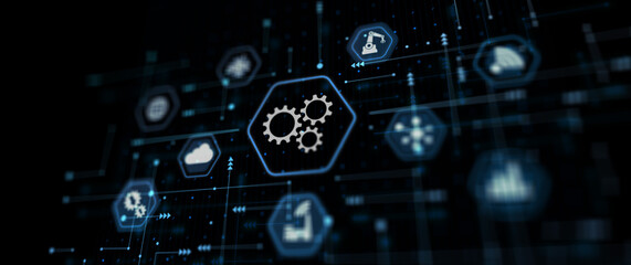 Gear icons on modern city background. Business concept for software technology automation system
