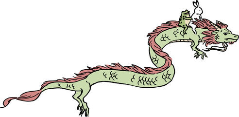 年賀状　鳥獣戯画　うさぎとカエルが龍に乗るイラストレーション