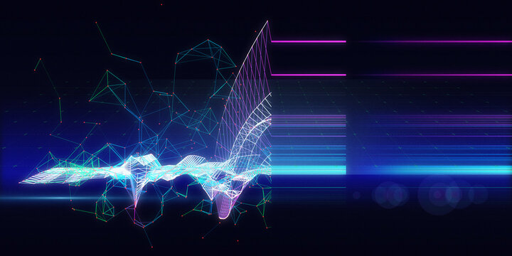 Abstract background contain wireframe graph in chaotic tangle in glow on dark. Big Data. Technology polygonal concept in web space. Banner for business, science and technology data  representation.