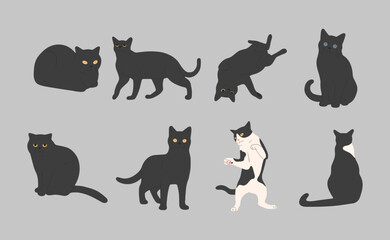 black cat cute 1 on a gray background, vector illustration.