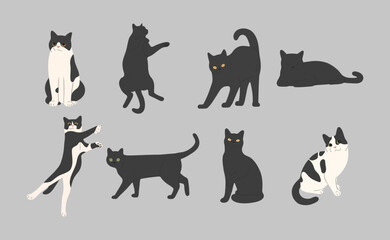 black cat cute 5 on a gray background, vector illustration.