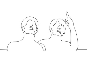 man points up to another and both look up - one line drawing vector. concept point up