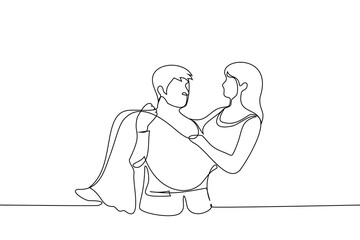 man holding woman in long dress - one line drawing vector. concept bride and groom, honeymoon