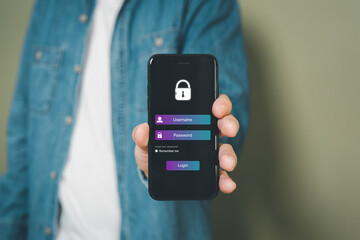 Selective focus at people hand while using smartphone to type password credential to login to Internet wireless connection at home. Network security of internet access into router with futuristic icon