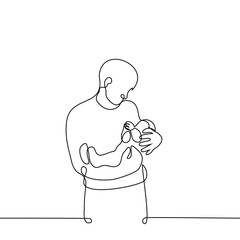 man stands holding baby - one line drawing vector. fatherhood concept, babysitter