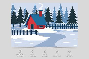 Horizon nature scene countryside with forest lake side view. Mountain green valley scene. Summer season scenic view. Village on river, mountain summer nature landscape vector illustration. 