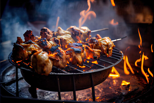 Grilling Chicken meat shashlik on metal skewers