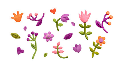 Set various flowers, leaves, herbs and plasticine hearts. Colored plasticine clay 3D illustration on white background, cute dough shape