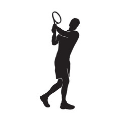 Male court tennis player vector silhouette on white.