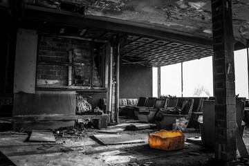 old abandoned hotel in black and white with color editing
