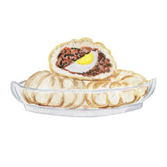 Vietnamese banh bao buns. Steam pie with meat. A traditional East Asian dish. Menu design.