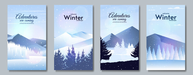 Winter landscape. Set of vector illustrations. Natural forest. Snowfall. Blizzard. Design for poster, brochure, cover, postcard.