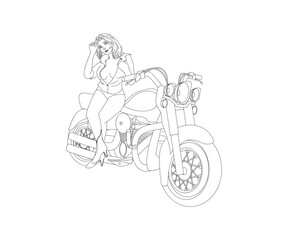 line illustration.
bikers swimsuit beautiful sexy woman.
posing with super bikes.
vector doodle.