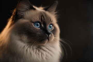 cute Birman cat portrait, looking away from the camera blue eyes, copy space, Generative AI