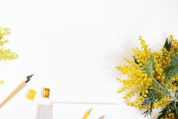 A modern home office desk of a blogger or student with a paper notebook, a pen for caligraphy, colored pencils and mimosa flowers on a white background with a copy space with