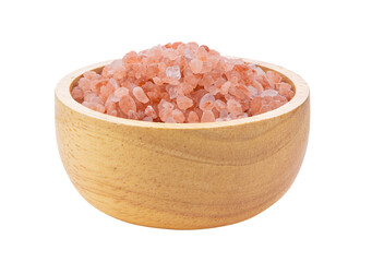 Fototapeta na wymiar Himalayan salt raw crystals in wood bowl Isolated on transparent png