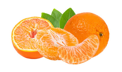 Mandarin, tangerine citrus fruit with leaf isolated on transparent png