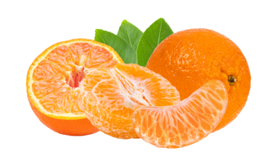 Mandarin, tangerine citrus fruit with leaf isolated on transparent png