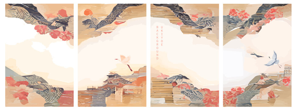 Set of Japanese background. Ukiyoe traditional illustration of landscape, mountains, pagoda, Sakura.