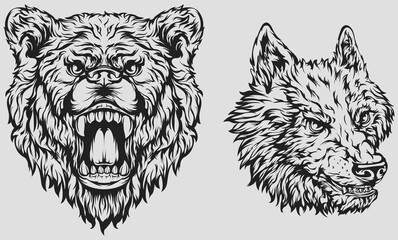 Head of bear, dog, wolf. Abstract character illustration. Graphic logo designs template for emblem. Image of portrait.