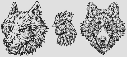 Fototapeta premium Head of rooster, dog, wolf. Abstract character illustration. Graphic logo designs template for emblem. Image of portrait. 