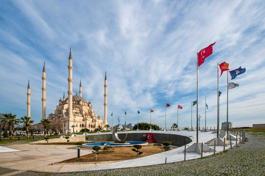 Sabanci Merkez Mosque and Turkish States Square view in Adana City of Turkey