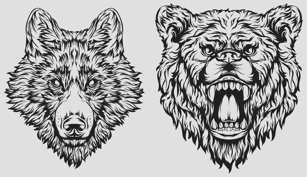 Head of bear, wolf. Abstract dog character illustration. Graphic logo designs template for emblem. Image of portrait.
