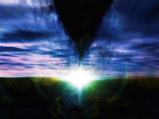 切り裂かれた不気味な雲海と太陽光線の3dイラスト