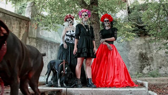 Slow motion Costumed performance of Women in the guise of Holy Death with dogs. Traditional Dia de Los Muertos Festival in Mexico