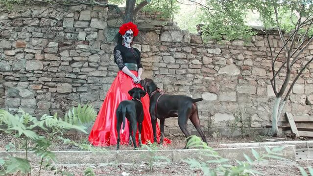 A young Woman with a design on her face in the style of the Goddess of Death with two magnificent dogs. Kindness and tenderness of the ancient holiday