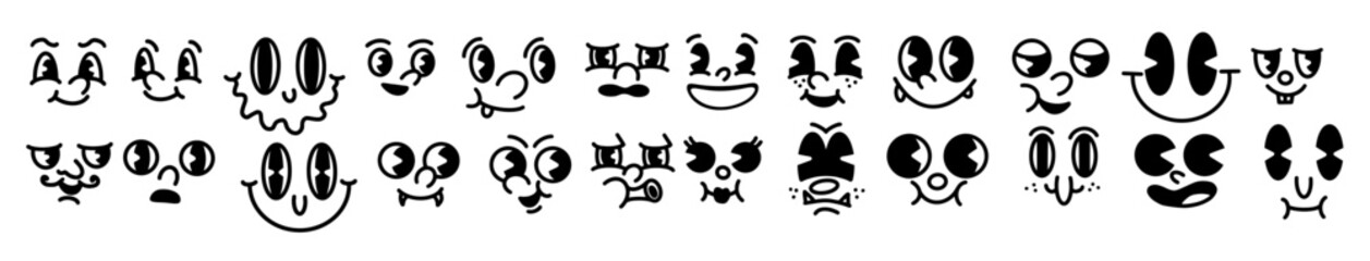 Retro cartoon  characters set, faces collection . 50s, 60s old animation eyes and mouths elements. Vintage comic smile for logo vector set. caricatures