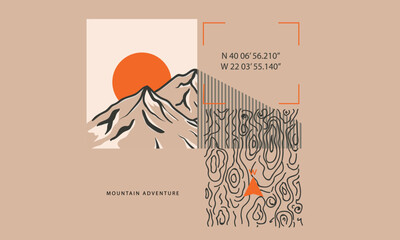 Fototapeta Mountain adventure print design for t shirt and others. Wooden texture graphic artwork for sticker, poster, background. obraz