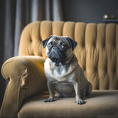 cute purebred pug dog animal sitting on a sofa, copy space, winkled on his face, generative ai