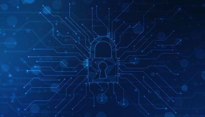 Digital Padlock on abstract technology background, Technology security concept. Modern safety digital background. Protection system, Cyber Security and safety information, personal data concept