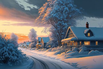 illustration of rural village in winter season, snow covered everything